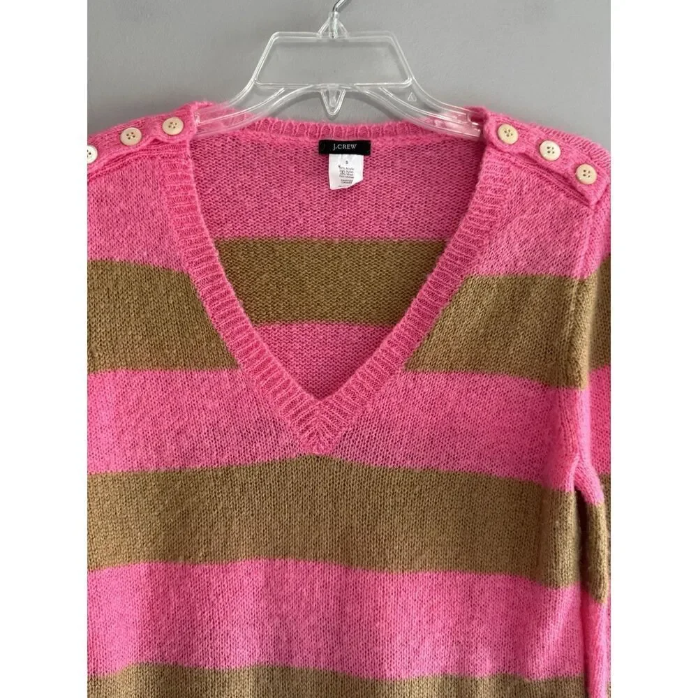 J Crew Y2K Sweater V Neck Mohair Wool Blend Pink Stripe Button Preppy Academia S